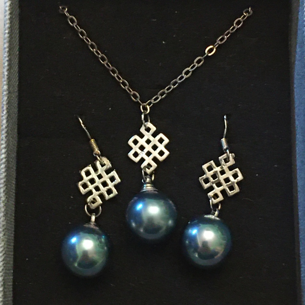 Artisan 925 glass pearl necklace and earrings dusty aqua teal green blue NWOT